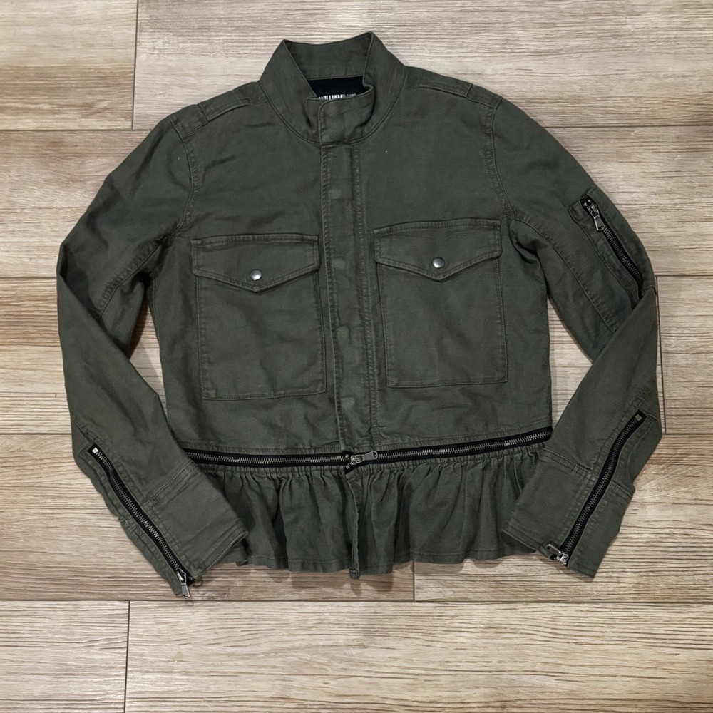 William Rast Olive Green Peplum Utility Jacket XS Cotton Linen Military Field